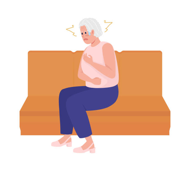 Senior woman having panic episode semi flat color vector character Senior woman having panic episode semi flat color vector character. Sitting figure. Full body person on white. Feel anxious simple cartoon style illustration for web graphic design and animation sad old woman stock illustrations