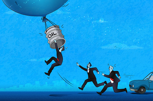 Running men trying to catch the the oil barrel flying away with the bubble. Rising oil prices concept. (Used clipping mask)