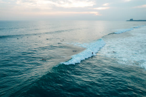 Surfers on the waves. Aerial view in Sri Lanka Surfers on the waves. Aerial view in Sri Lanka. High quality photo kayak surfing stock pictures, royalty-free photos & images