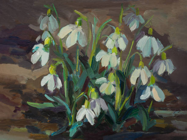 Snowdrops painting art. Snowdrops painting art. Beautiful illustration of blooming flowers in the forest. The first spring flowers. Handmade with oil paints. Artwork, painting. Layout for postcards, posters, notebooks. 3686 stock illustrations