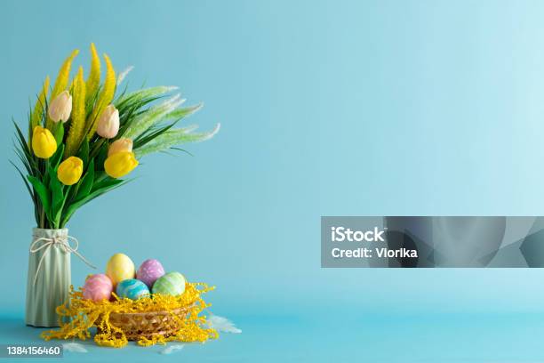Easter Eggs And Tulips With Space For Copy Stock Photo - Download Image Now - Easter, Backgrounds, Easter Egg