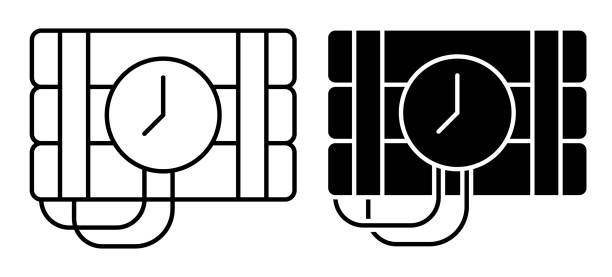 линейный значок из связки цилиндров с динамитом. таймер включен с часами на взрывчатых веществах. простой черно-белый вектор, изолированны� - pyrotechnics fuse white boom stock illustrations