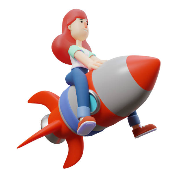 istock Cool Cute Girl 3D Cartoon Illustration riding a rocket 1384159913