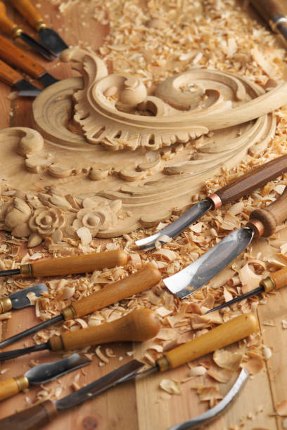 istock Wood carving tools. Chisels for carving 1384160030