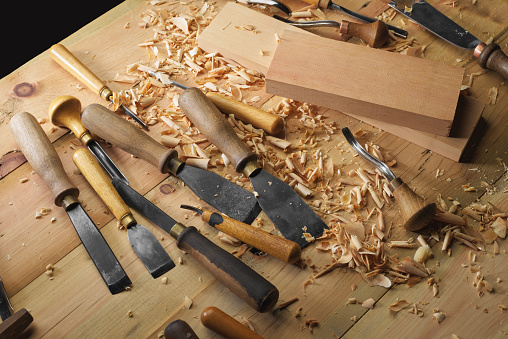 Carpenter wood carving equipment. Woodworking, craftsmanship and handwork concept