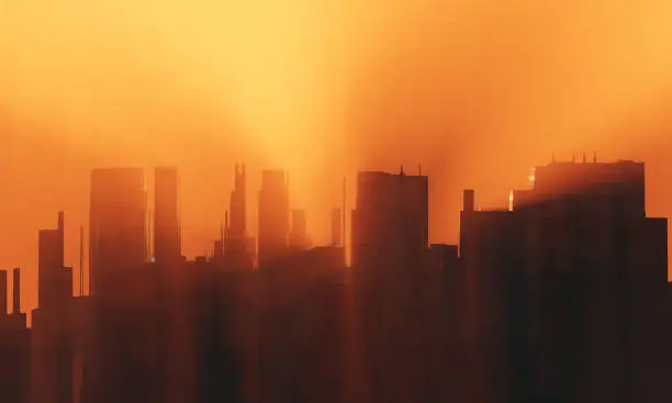Photo of Future modern city silhouette in morning orange sunrise misty fog. Urban skyline background, 3D illustration