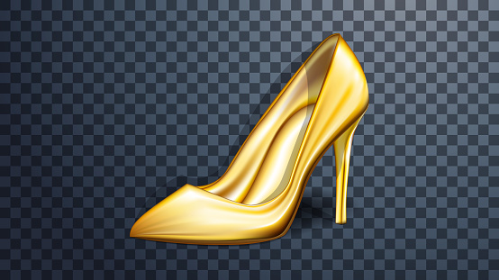 Golden shoes on a transparent background. Realistic 3d vector item with highlights and reflections.Great design for gold stage decoration, banners, podiums. Easy to use, isolated.