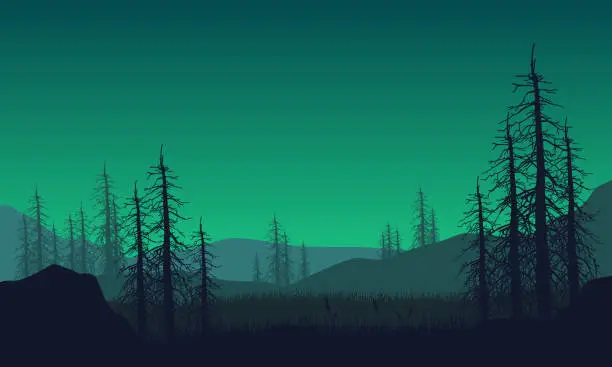 Vector illustration of Beautiful mountain view from the edge of the cliff with the silhouettes of branches around it