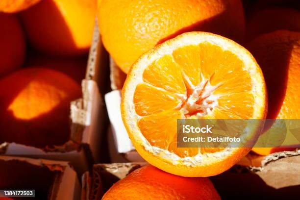 Oranges At A Market Stall Germany Stock Photo - Download Image Now - Color Image, Food, Germany