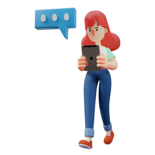 istock 3D Cute Girl Cartoon Illustration reading a text message from tab 1384181705