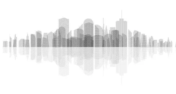 Vector illustration of Cityscape of striped skyscrapers, with reflection