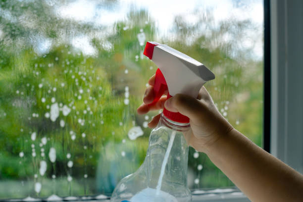 istock cleaning the window with cleaner spray 1384201031