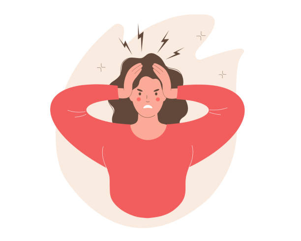 ilustraciones, imágenes clip art, dibujos animados e iconos de stock de ira, explosión, irritación, arrebato emocional de etapas, concepto de emociones negativas. joven expresando rabia y enojo. - irritado