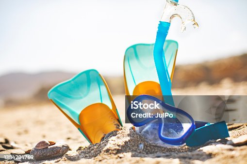 istock Flipper, snorkel mask and snorkel  at the beach 1384204769