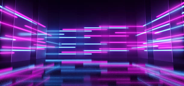 istock Cyber Neon Glowing Purple Blue Vibrant Fluorescent Laser Lights Glowing Dark Corridor Hallway Room Tunnel Glossy Concrete Cement Grunge Stage Podium 3D Rendering 1384205321