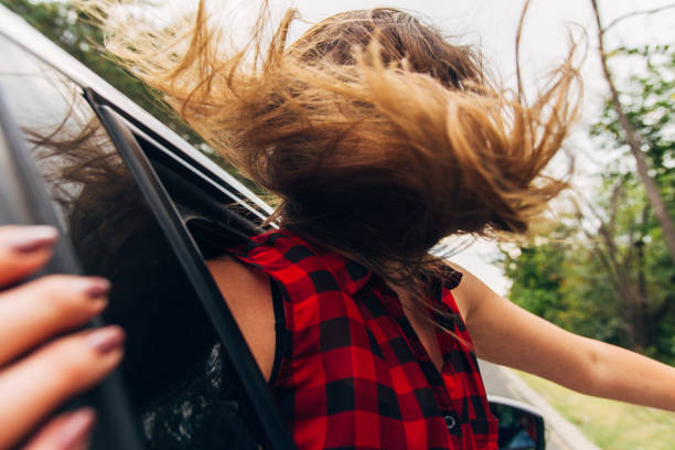 istock Girl in a car on windy and cloudy day 1384209645