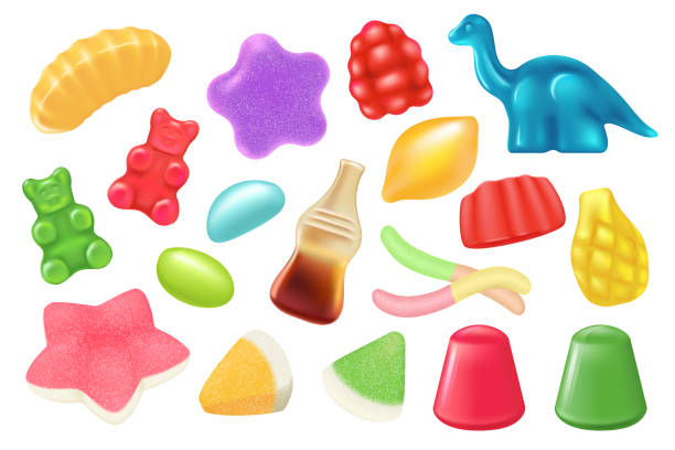 Gummy jelly candy set, 3d sweet characters, colorful bears and cola bottle, chewy worm Gummy jelly candy set vector illustration. 3d cute sweet characters, colorful bears and cola bottle, funny marmalade worm, chewy sugar animal or fruit collection for children isolated on white gummy candy stock illustrations