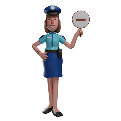 3D Police Woman Cartoon Picture holding a Stop Sign