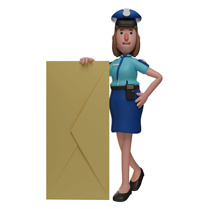 Police Woman Cartoon 3D Illustration standing near an envelope
