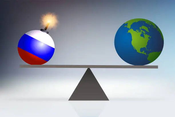 Vector illustration of Concept du risque d’effondrement de l’économie mondial avec le conflit entre la Russie et l’Ukraine.