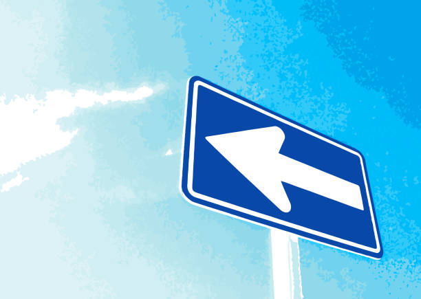 Looking up the one-way sign board under the blue sky, illustration image processed photograph. An illustration-style image of a blue one-way arrow sign against a blue sky.