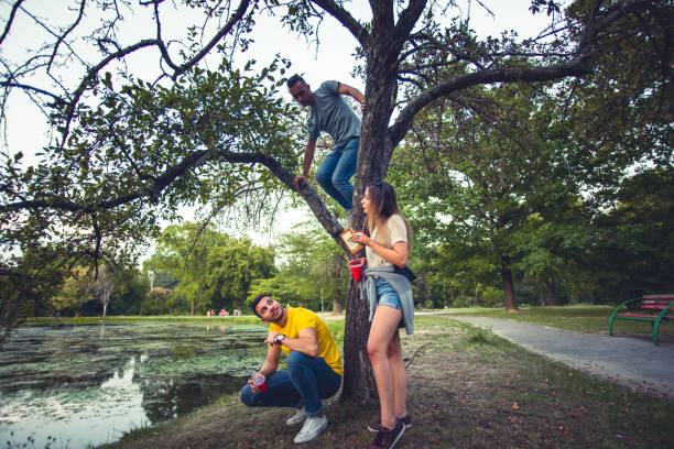 istock Young people watching their friend climbing a tree 1384217413