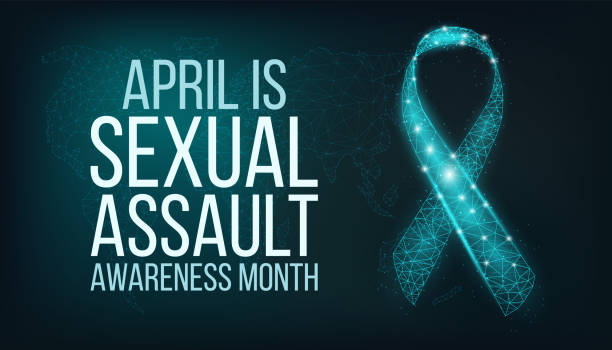 ilustrações de stock, clip art, desenhos animados e ícones de sexual assault awareness day concept. banner template with glowing low poly. futuristic modern abstract. isolated on dark background. vector illustration. - social awareness symbol