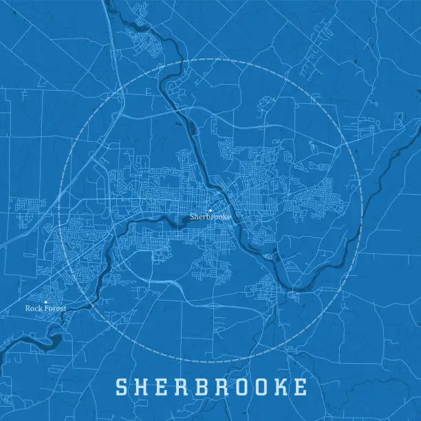 Vector illustration of Sherbrooke QC City Vector Road Map Blue Text