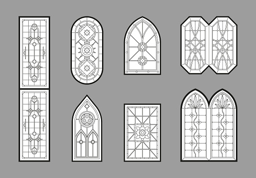Church windows. Gothic architectural glasses with geometrical decoration medieval ornamental style catholic mosaic portal frames garish vector templates. Architecture window gothic silhouette