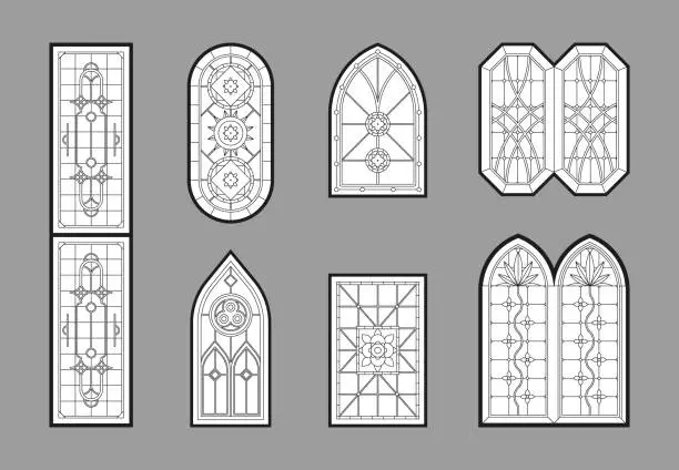 Vector illustration of Church windows. Gothic architectural glasses with geometrical decoration medieval ornamental style catholic mosaic portal frames garish vector templates