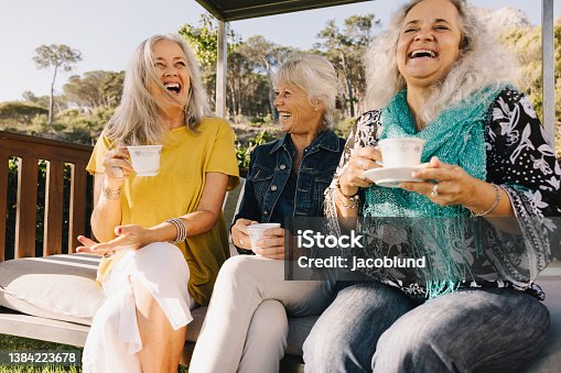 istock Senior friends laughing happily while having tea 1384223678