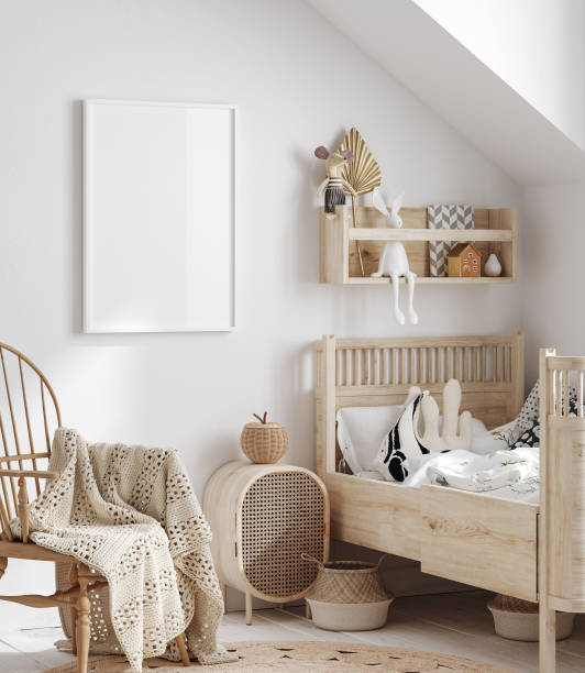 maqueta de marco en habitación infantil con muebles de madera natural - parvulario dormitorio fotografías e imágenes de stock