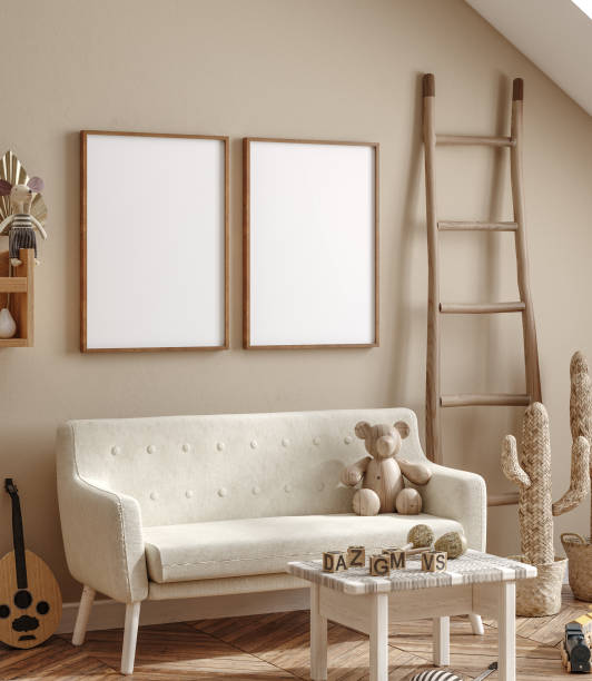 istock Mockup frame in cozy beige children room interior background 1384224625