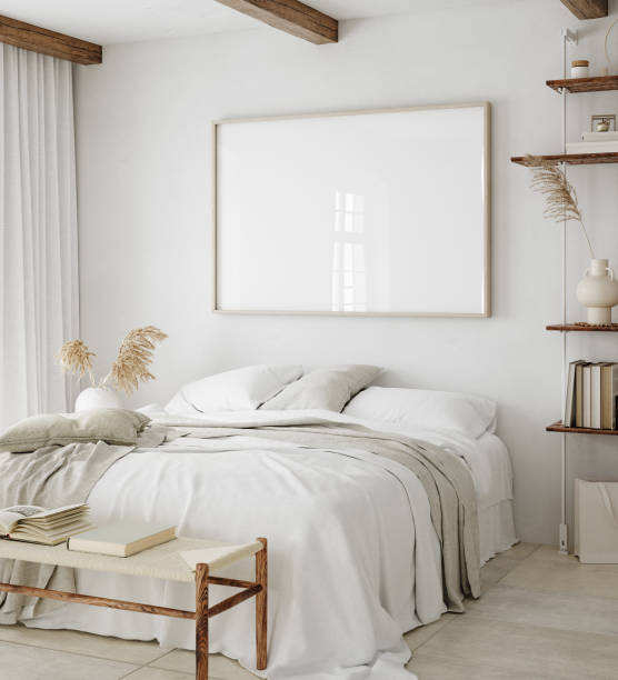 istock Mock-up poster frame in bedroom, Scandinavian style 1384224653