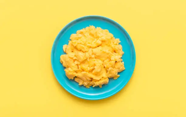 Photo of Scrambled eggs in a blue plate, top view on a yellow table.