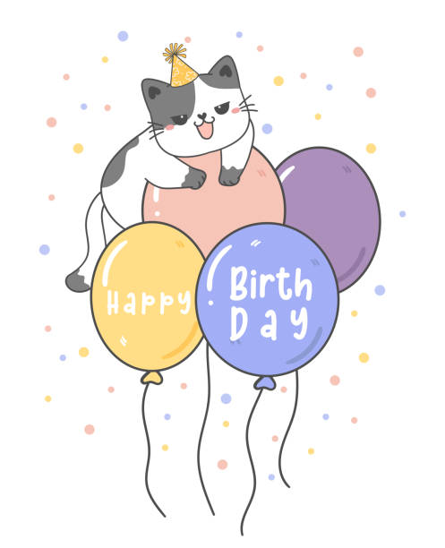 illustrations, cliparts, dessins animés et icônes de mignon happy birthday chat chat sur ballons de fête pastel, mignon animal dessin dessin vectoriel illustration carte de vœux - humor pets loving vertical