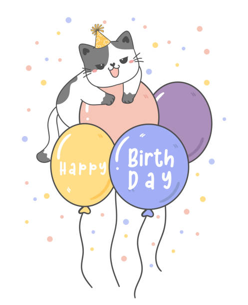 słodki kotek happy birthday na pastelowych balonach imprezowych, uroczy rysunek kreskówki o zwierzętach ilustracja wektorowa kartka z życzeniami - humor pets loving vertical stock illustrations