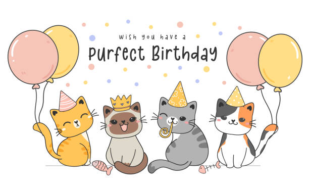 gruppe von vier süßen happy birthday kätzchen katzen mit pastellfarbenen luftballons, niedliche tier cartoon zeichnung vektor illustration gruß geburtstagskarte - white domestic cat kitten young animal stock-grafiken, -clipart, -cartoons und -symbole