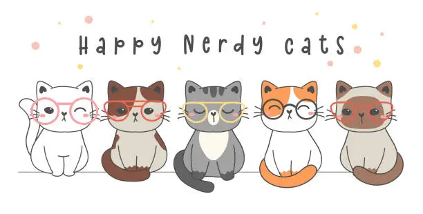 Vector illustration of group of cute happy smart nerd cat wearing glasses, cute pet animal cartoon drawing vector greeting card banner