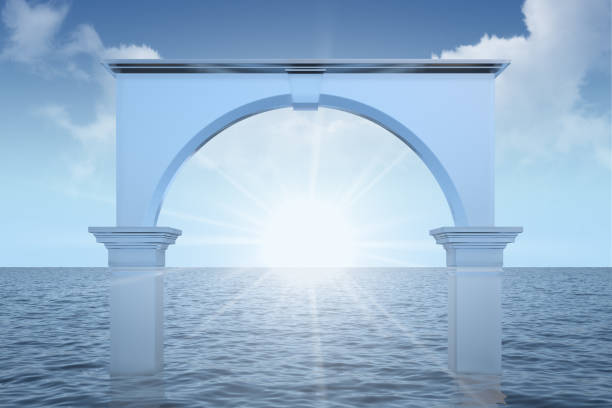 icy architectural arch with sun in the sea. 3d rendering