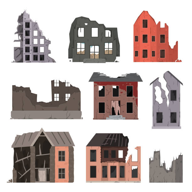 illustrazioni stock, clip art, cartoni animati e icone di tendenza di vecchi edifici in rovina - destruction