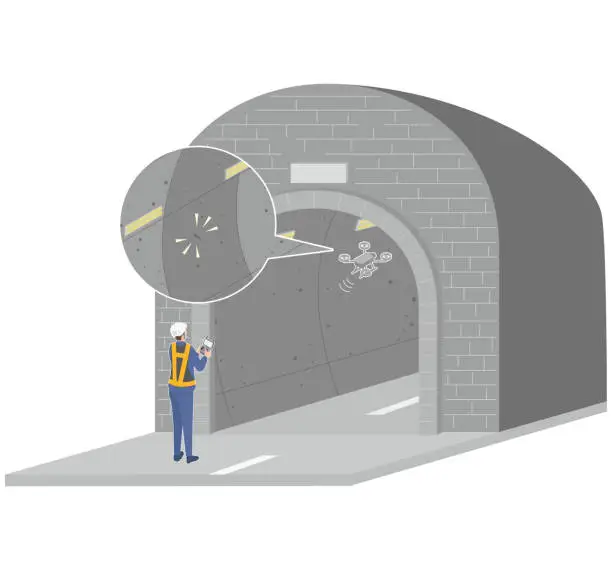 Vector illustration of A man checking the safety inside the tunnel with a drone