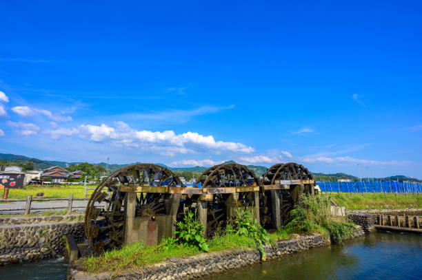 An old water wheel that draws clean water under the blue sky