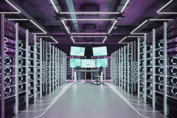 3d rendering of crypto mining computer center 3d rendering of crypto mining computer center. Computer graphics of crypto miners in large farm. ASIC mining equipment on stand racks with computer desk. cryptocurrency mining stock pictures, royalty-free photos & images