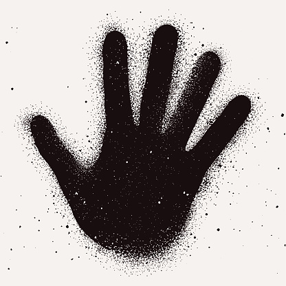 Vector image of an open hand spray-painted with paint splatters over white background.