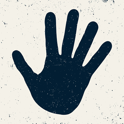 Vector image of a black open hand over a white background. Textured illustration. Urban style.