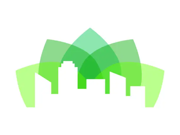 Vector illustration of White city skyline on a green leaves. Green city concept. Sustainable urban development.