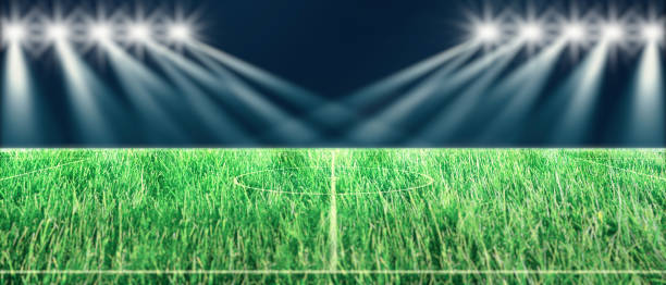 perspectiva del campo de fútbol. estadio de fútbol con líneas blancas que marcan el terreno de juego. elementos de perspectiva. campo de fútbol ragby con líneas blancas que marcan el terreno de juego. ilustración 3d. - football field artificial turf end zone turf fotografías e imágenes de stock