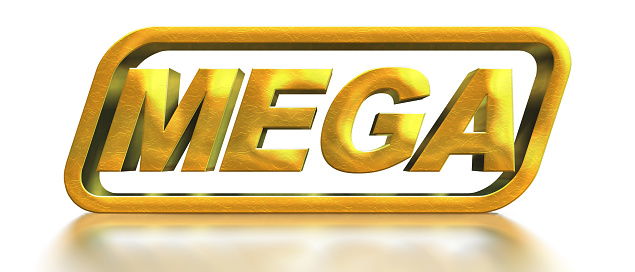 Letters mega prize isolated on a white background. Gold volumetric inscription mega prize gold for smartphone games and slot machines or casinos. Lettering for message notification. 3D illustration