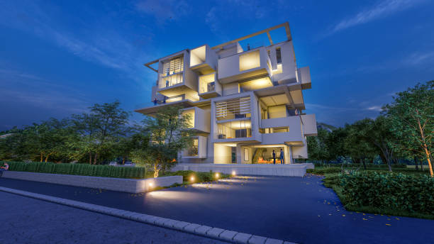 istock Modern upscale residential building at dusk 1384242867